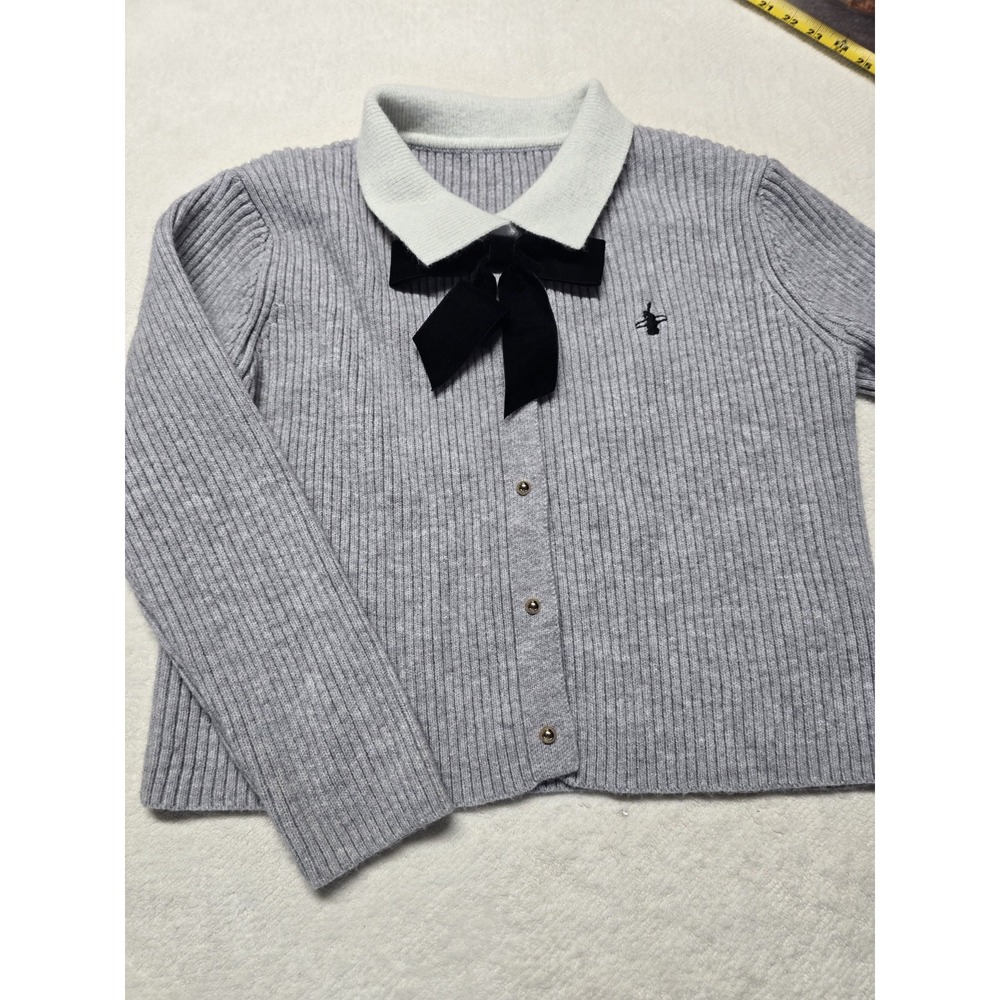 Women Gray Knit Cardigan Sweater Size M Contrast Collar Velvet Bow Preppy
